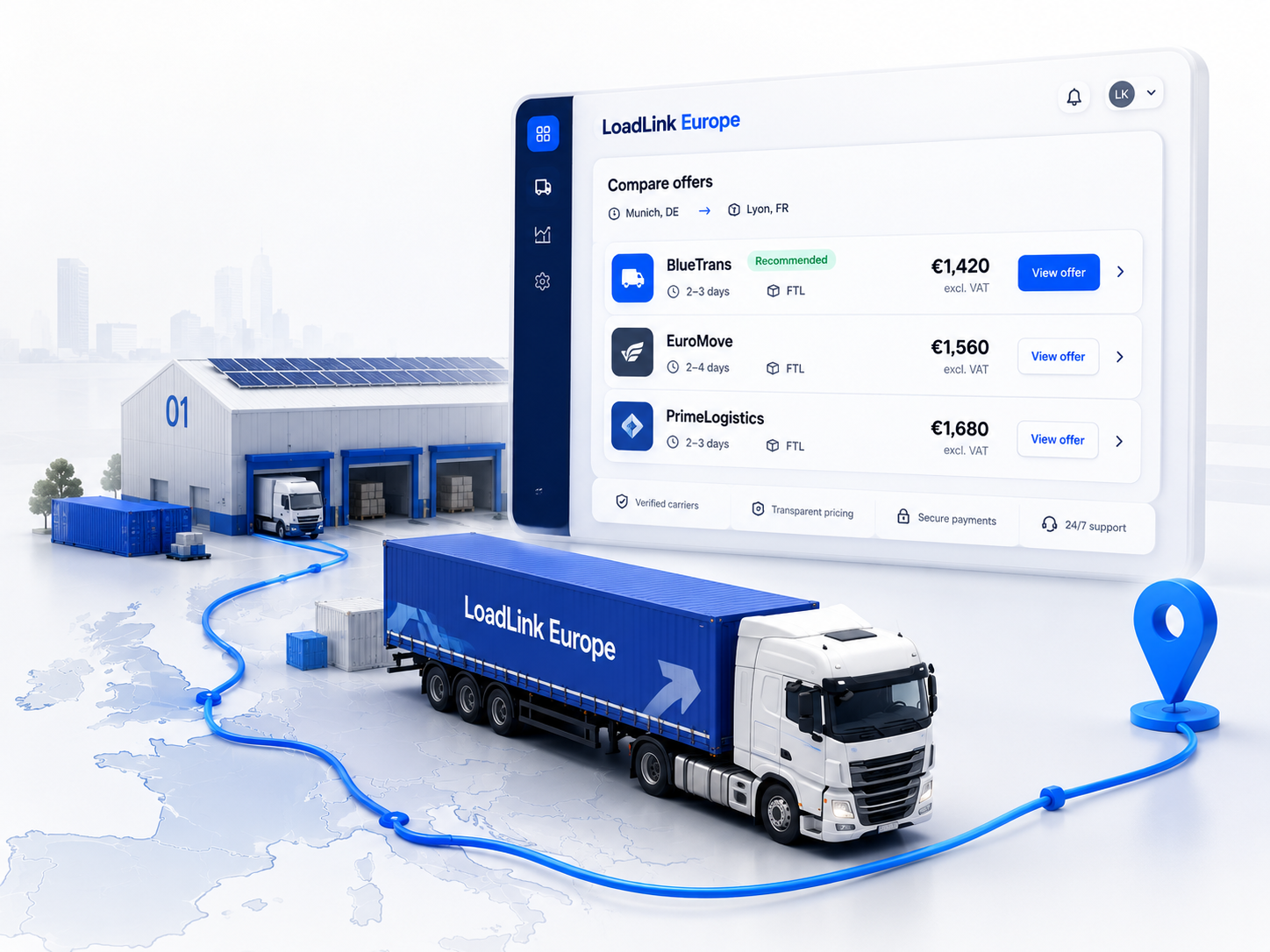 LoadLink Europe Transportplattform-Dashboard